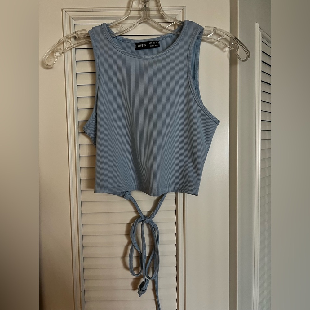 SHEIN Light Blue Ribbed Tie-Back Tank Top